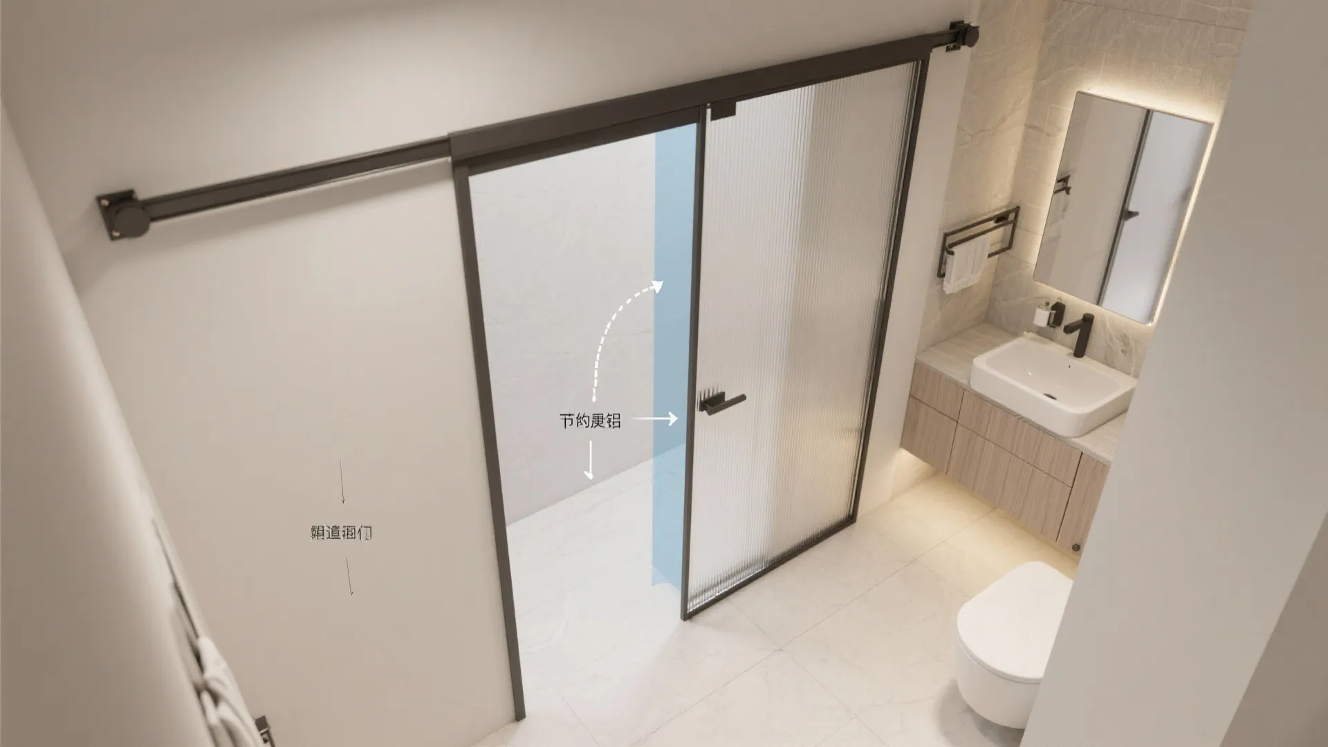 Sliding glass door with black top rail leading into a bathroom with sink and toilet.