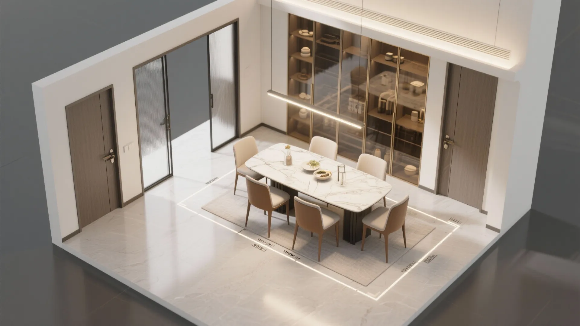 Interior design drawing of dining room with marble floor, glass display cabinet, and sliding doors