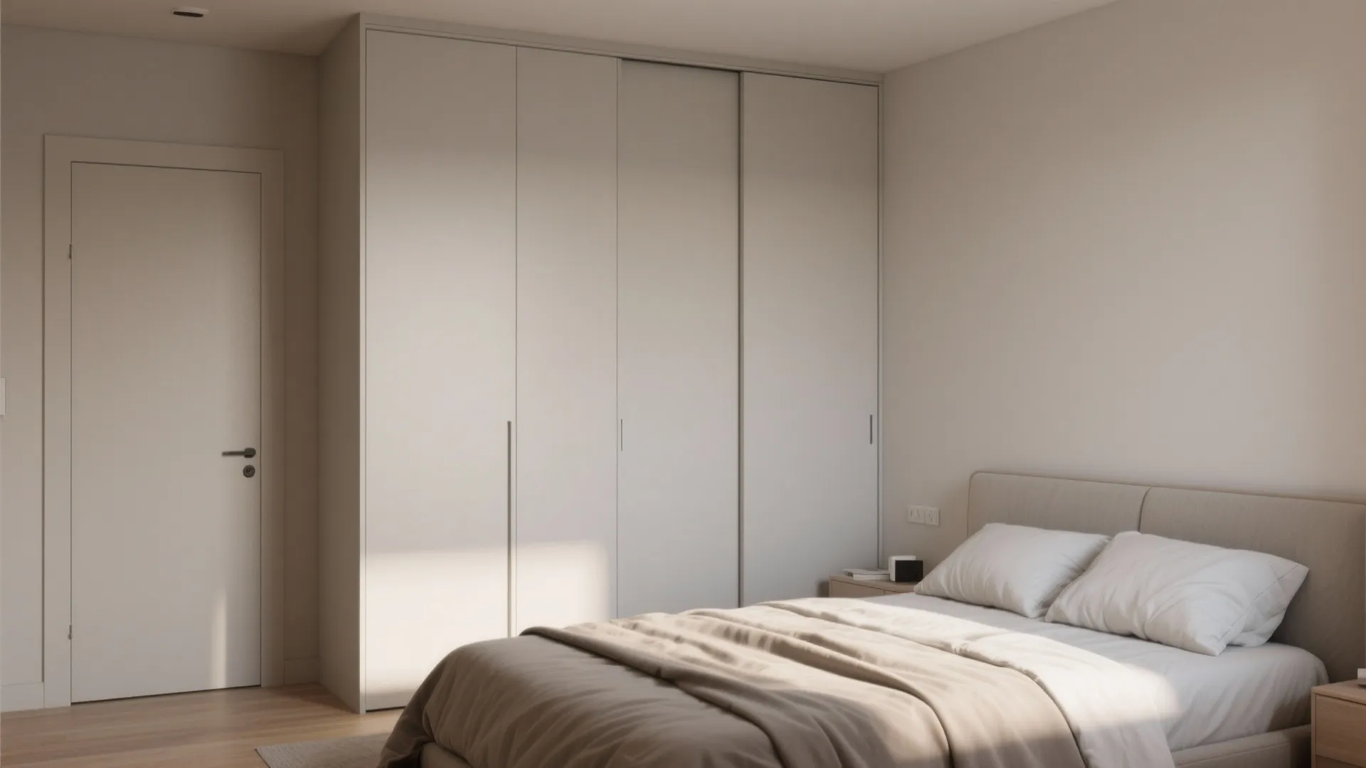 Modern bedroom featuring a large white sliding door cabinet next to a simple wooden door