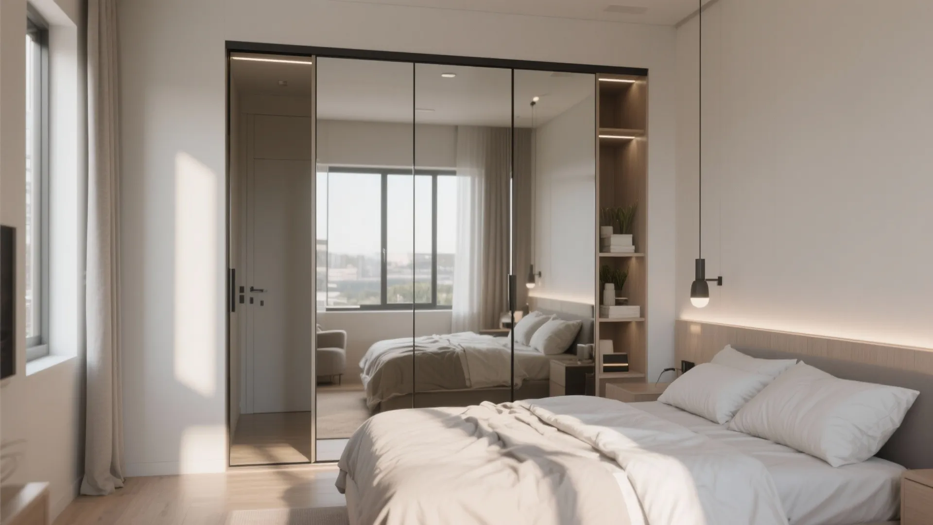 Minimalist bedroom with large mirrored sliding closet doors reflecting the bed and bright window light