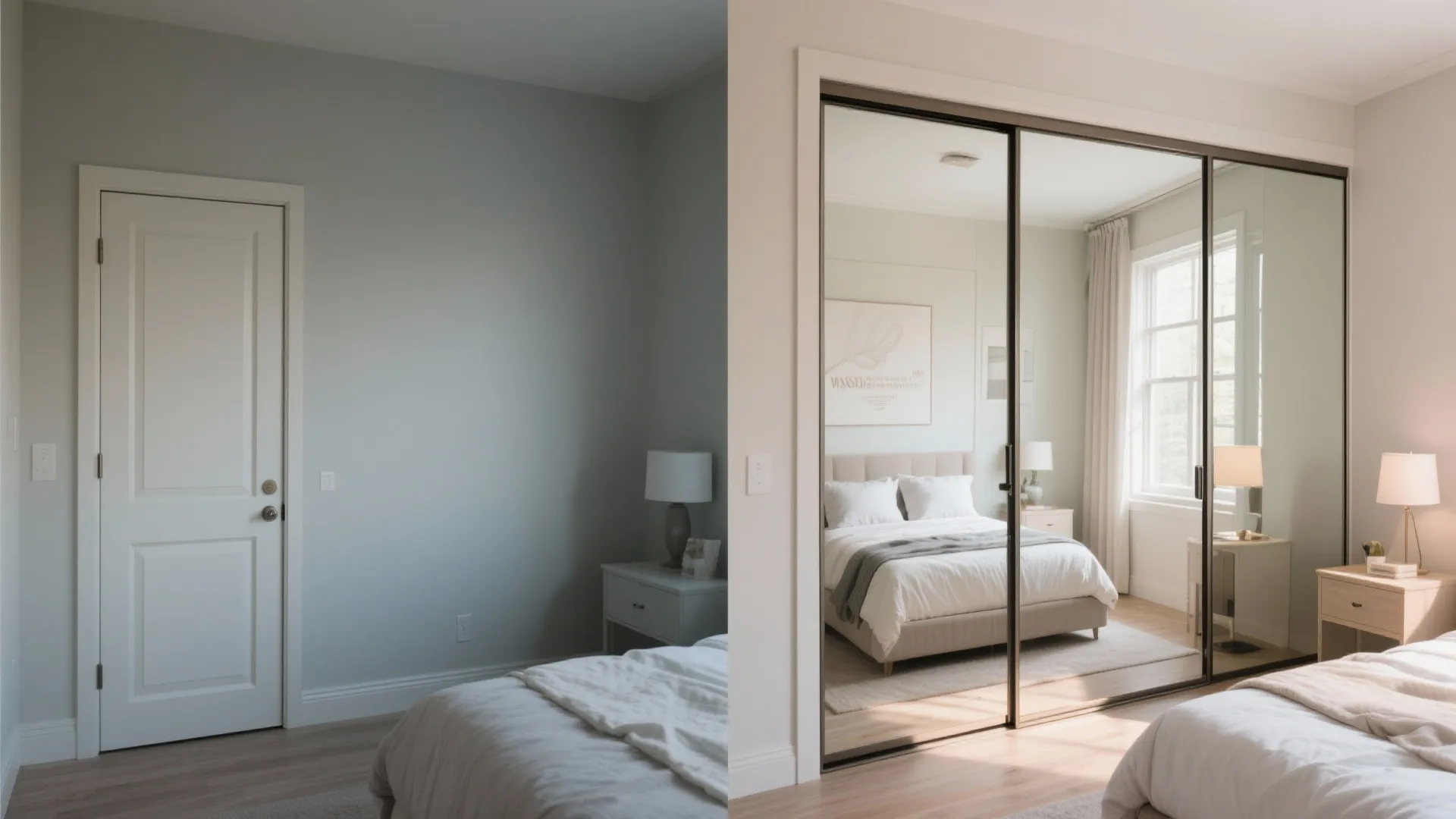 Before and after comparison of a plain bedroom wall versus large sliding mirror closet doors