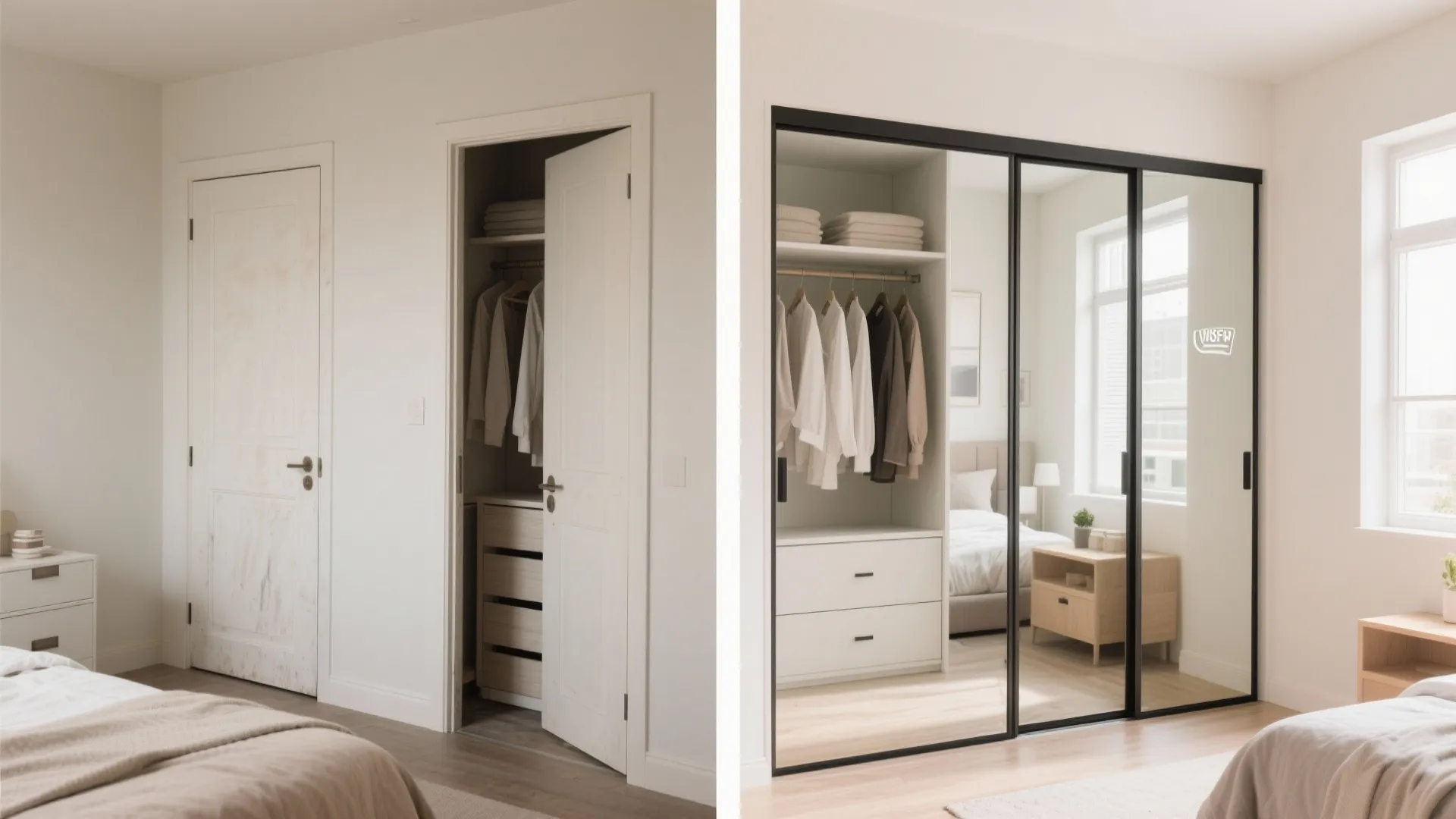 Before and after comparison of white hinged closet door and modern sliding mirrored closet door