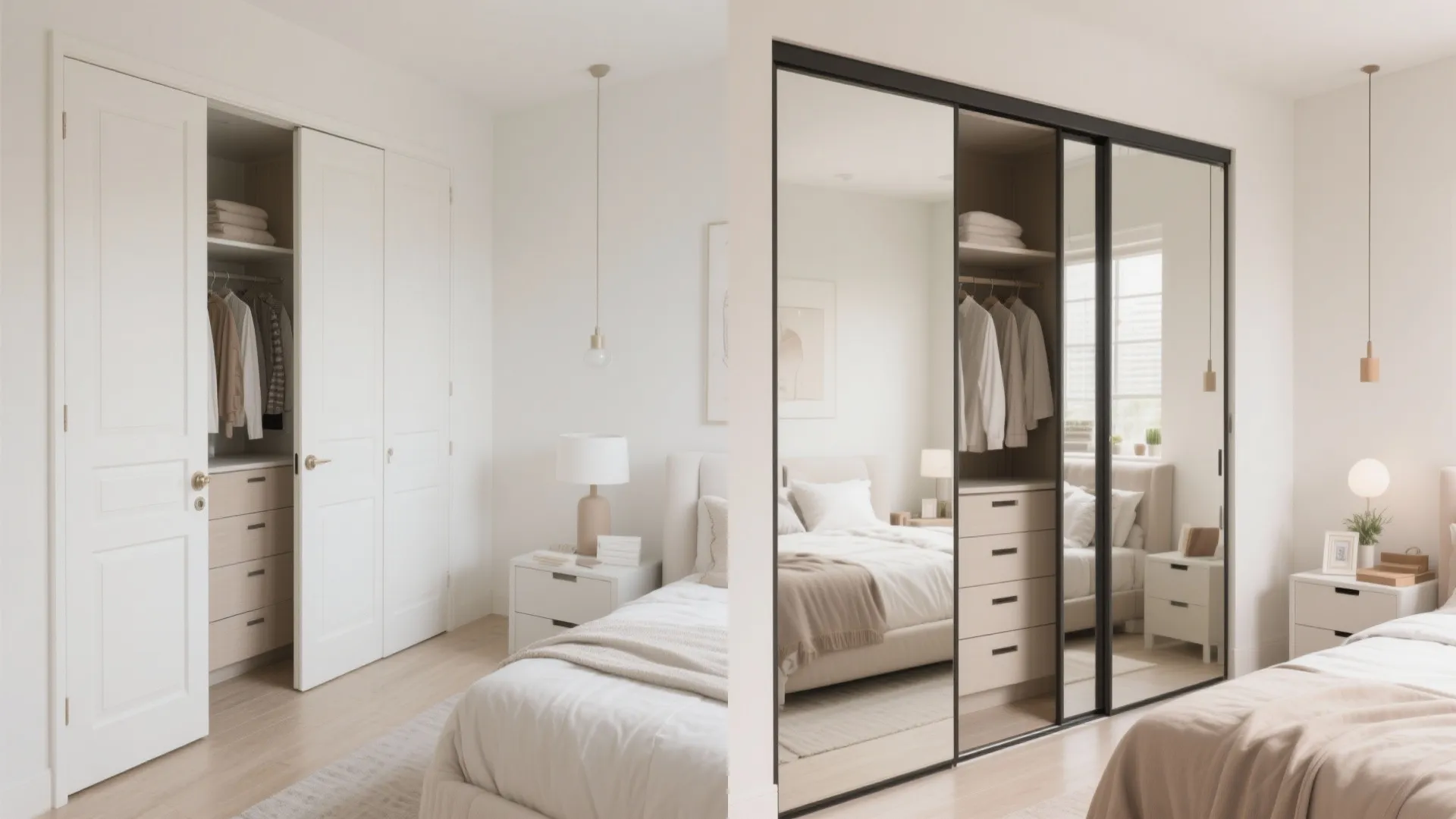 Modern bedroom featuring a large closet with sliding mirror doors and white built-in storage cabinet