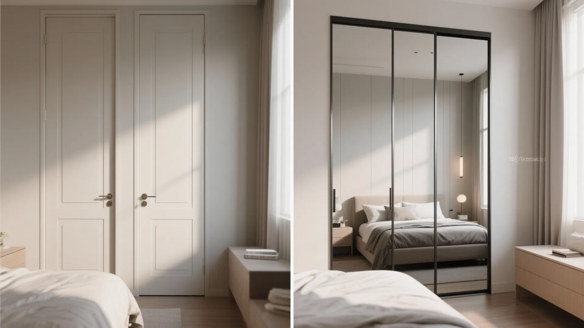 Side by side comparison of traditional white bedroom doors versus modern black framed sliding mirrors