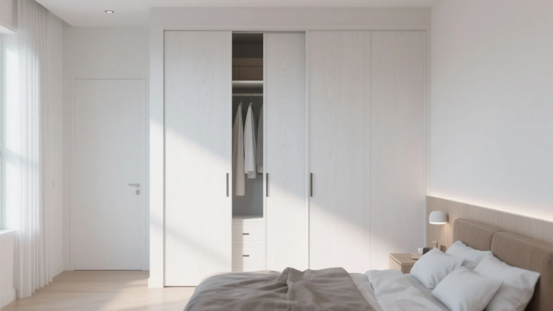 Modern white bedroom with sliding closet doors open to show hanging clothes and a bed