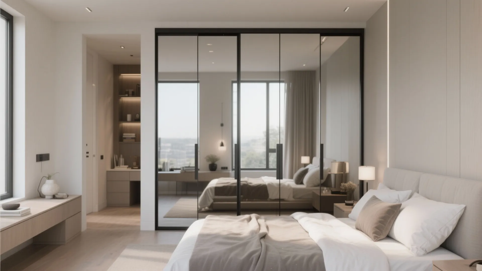 Modern bedroom featuring a large glass sliding door closet reflecting the bed and window view