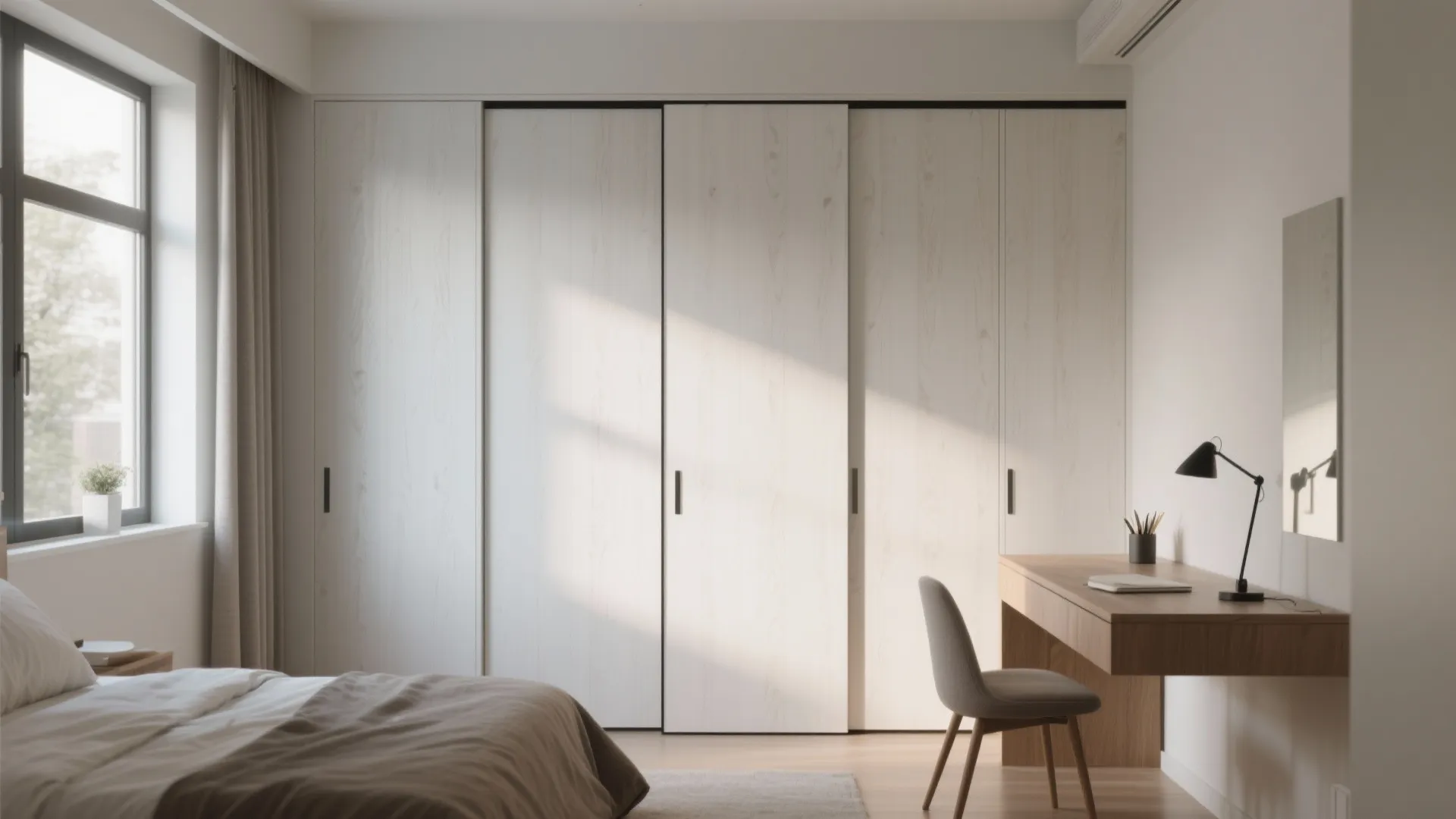 Modern bedroom featuring white sliding closet doors next to a wooden desk and grey chair