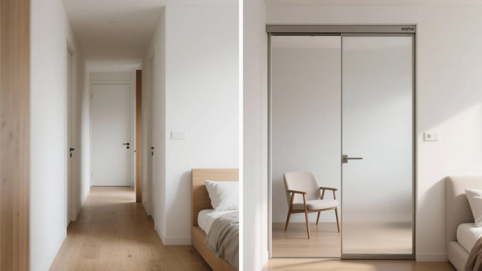 Split view showing white hallway and bedroom with a glass sliding door and modern chair