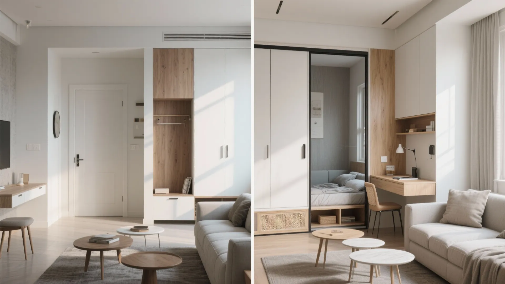 Before and after comparison showing a living room layout update with added sliding mirror door