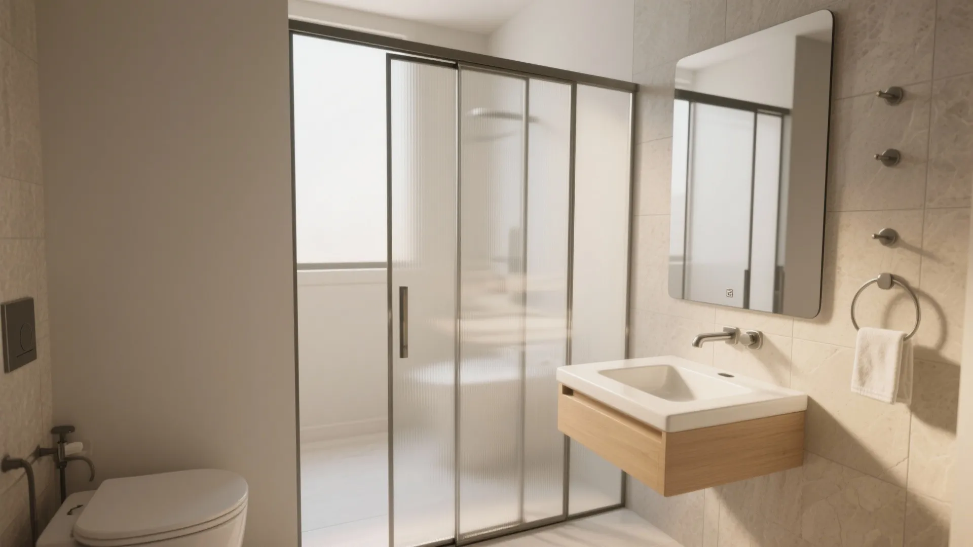 3. Sliding glass divider with a narrow console sink