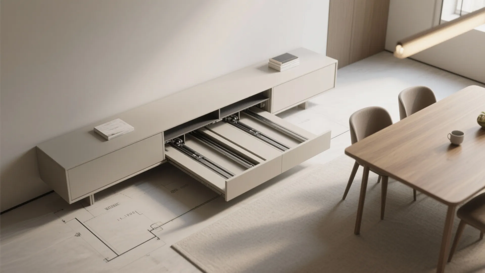 3. Narrow console table that slides out into dining width