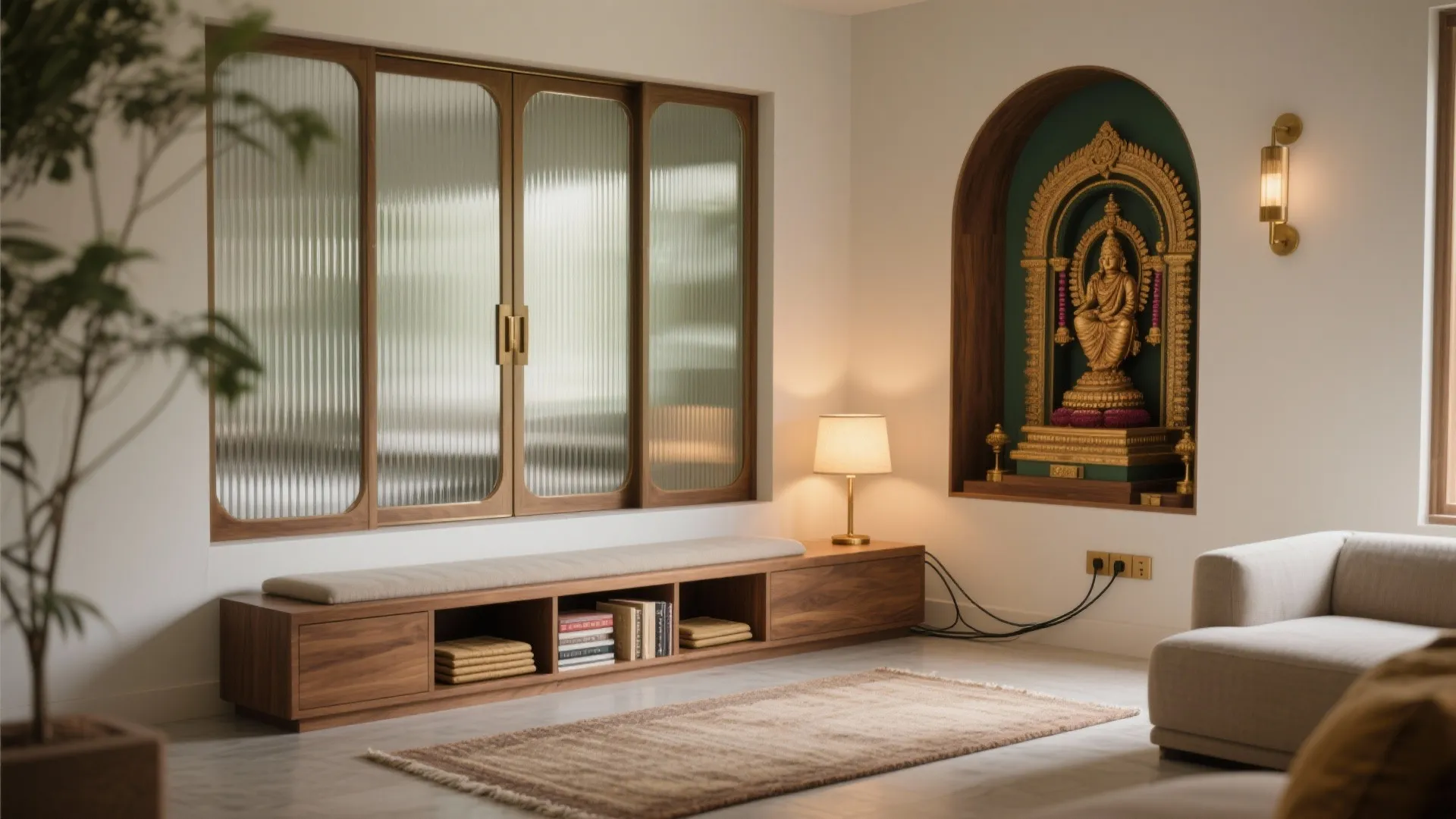 Flexible Pooja Corner in the Living Room with Sliding Panels