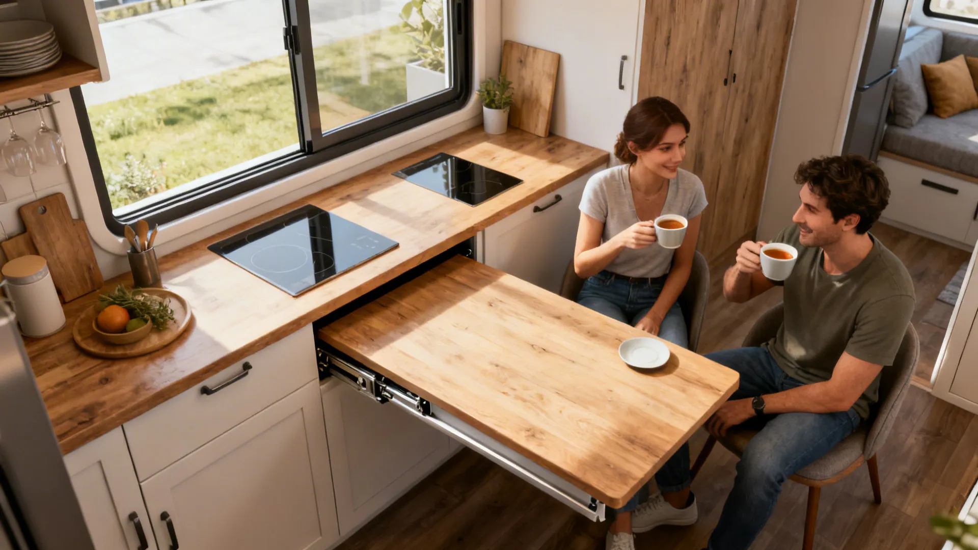 Integrated sliding window with a pull-out counter extension in a compact apartment.