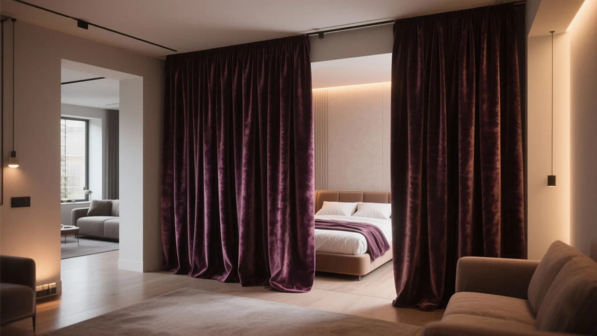 Studio bedroom subtly divided with heavy velvet curtains on a ceiling track to save floor space.