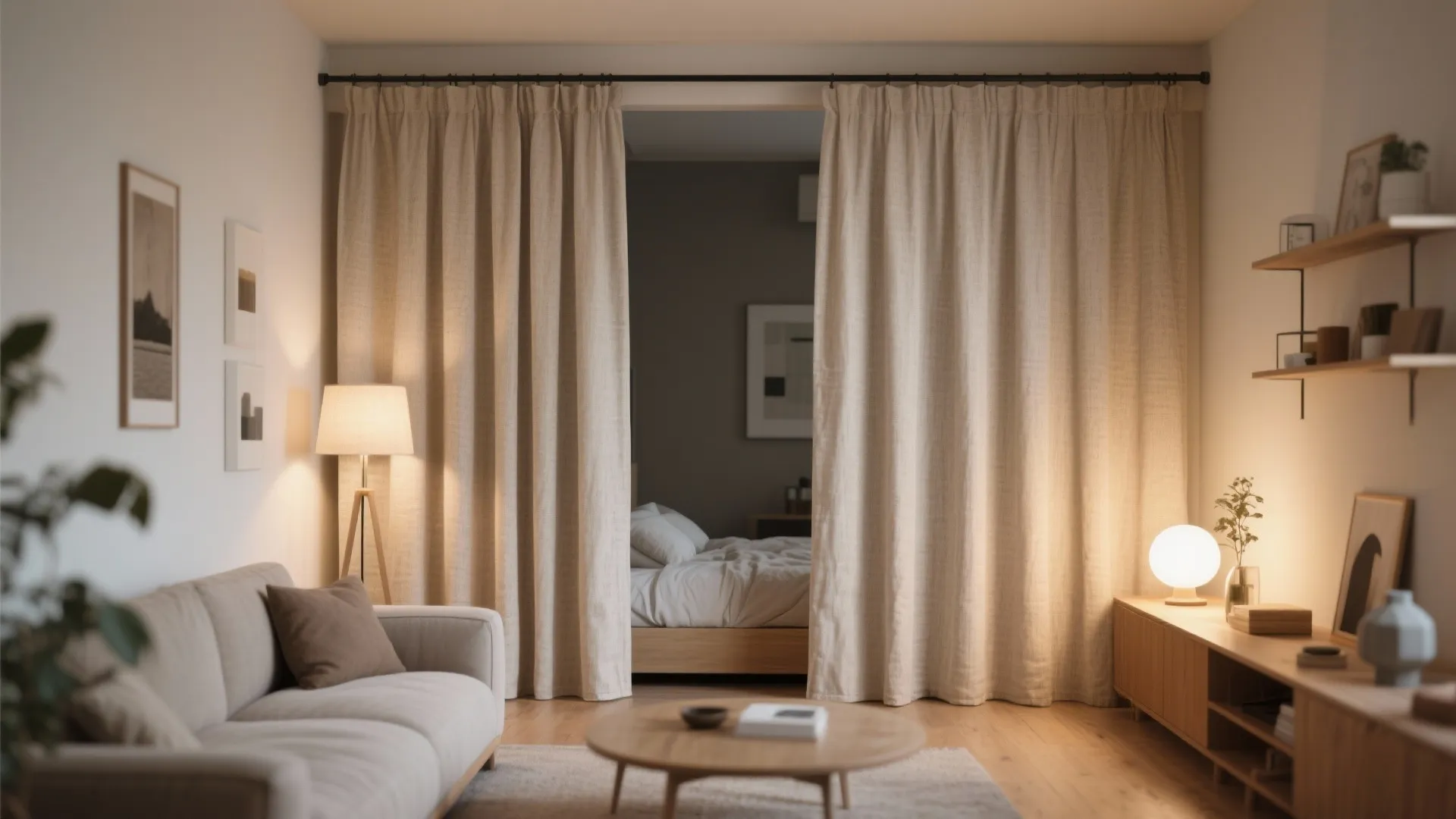 Cozy living room with linen curtain divider for sleeping space