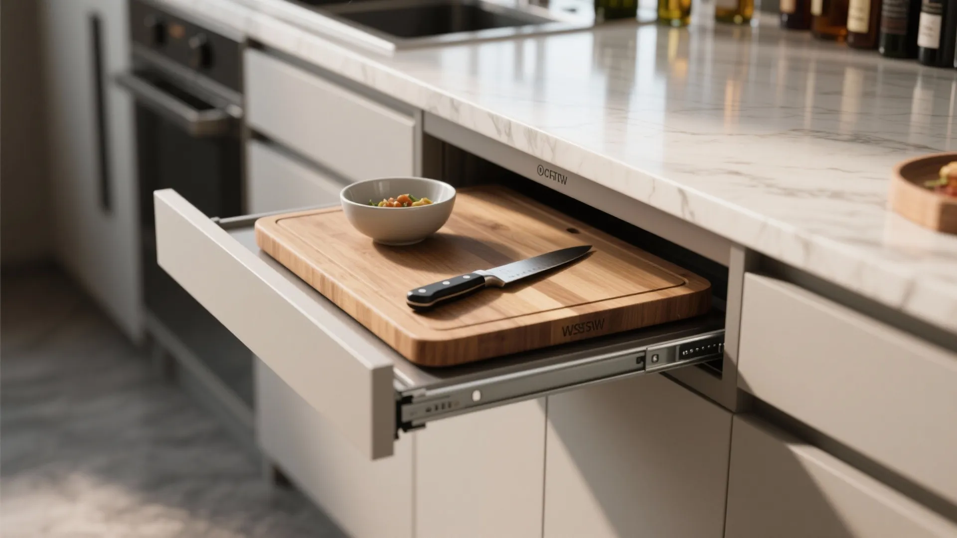 3. Integrated Prep Bar with Cutting Board Slide