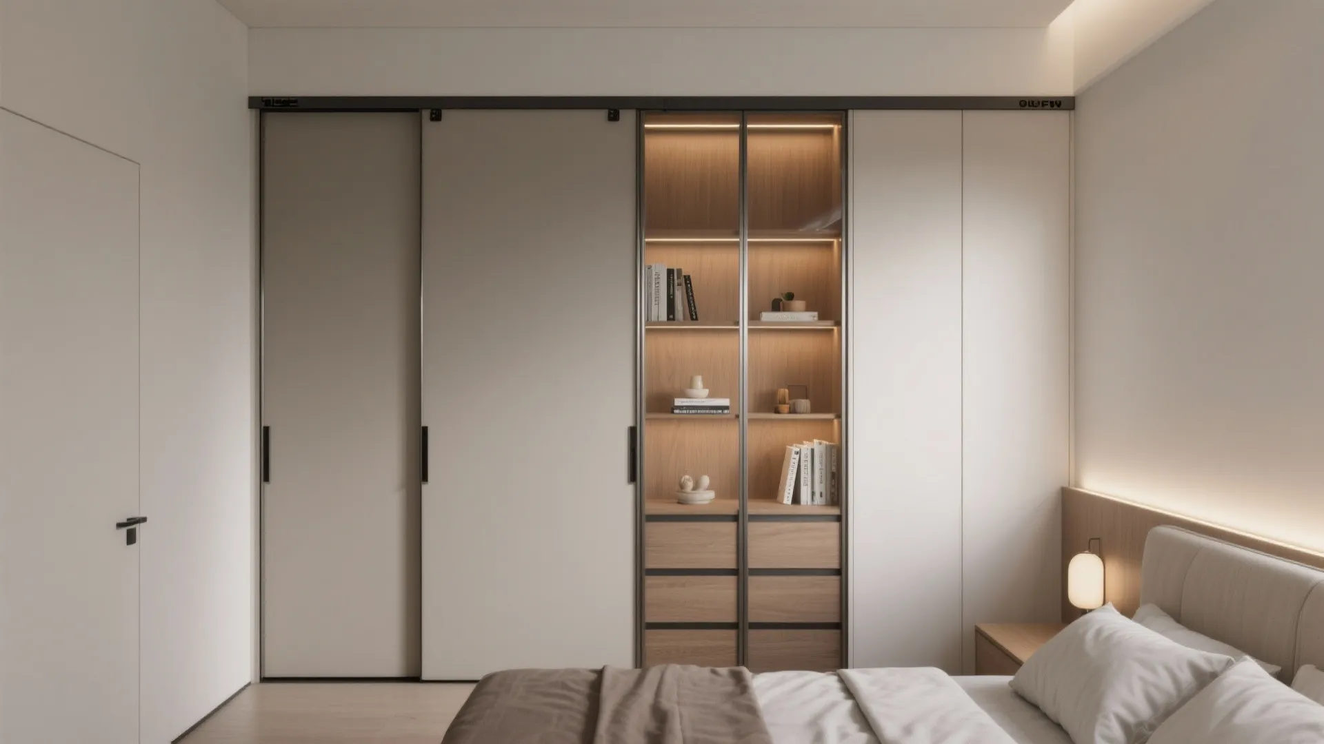 Minimalist bedroom featuring sliding wardrobe doors with built-in wooden shelves and soft warm ambient lighting