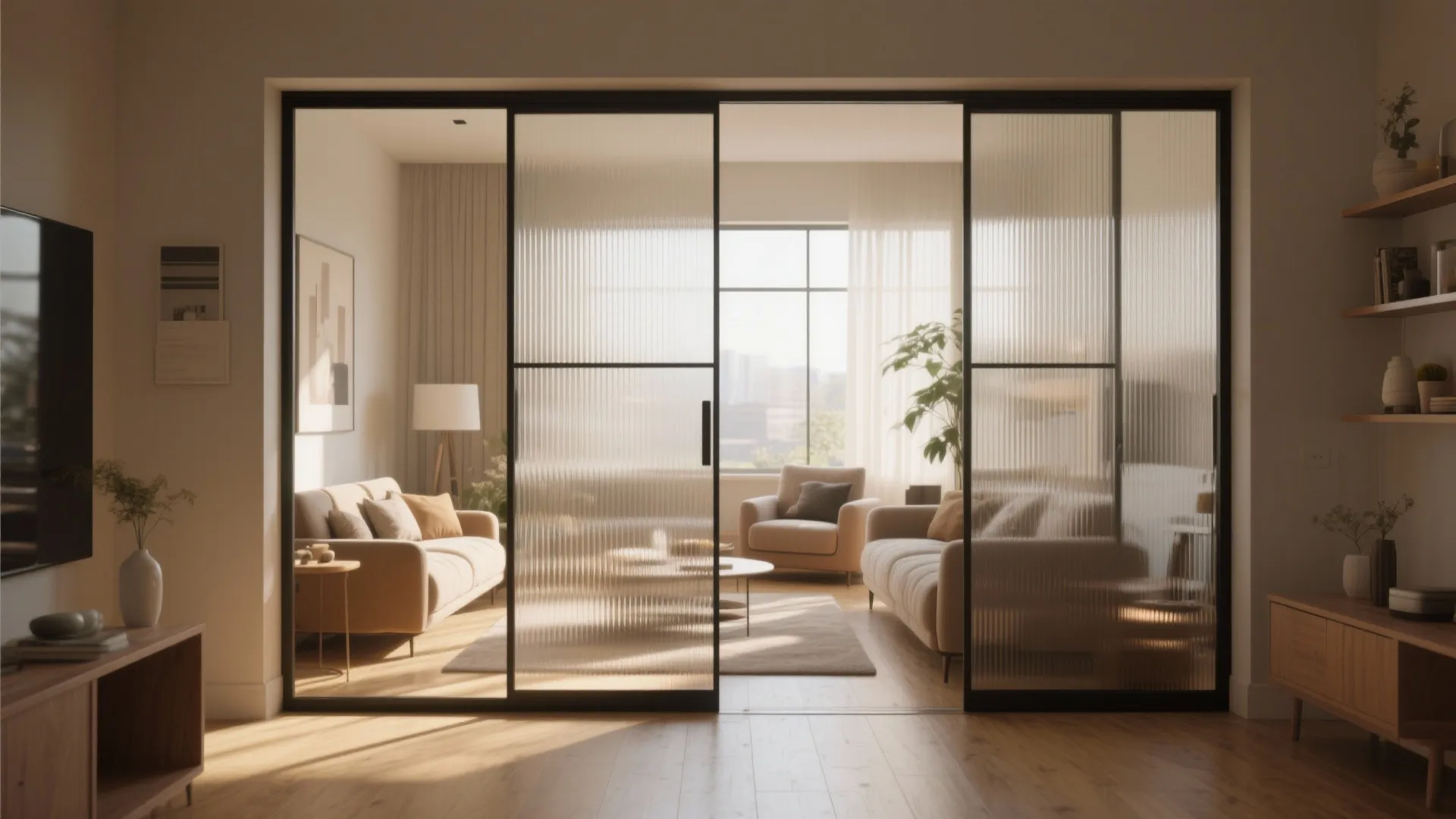 Modern living room with glass sliding door divider beige sofa and bright natural light from window