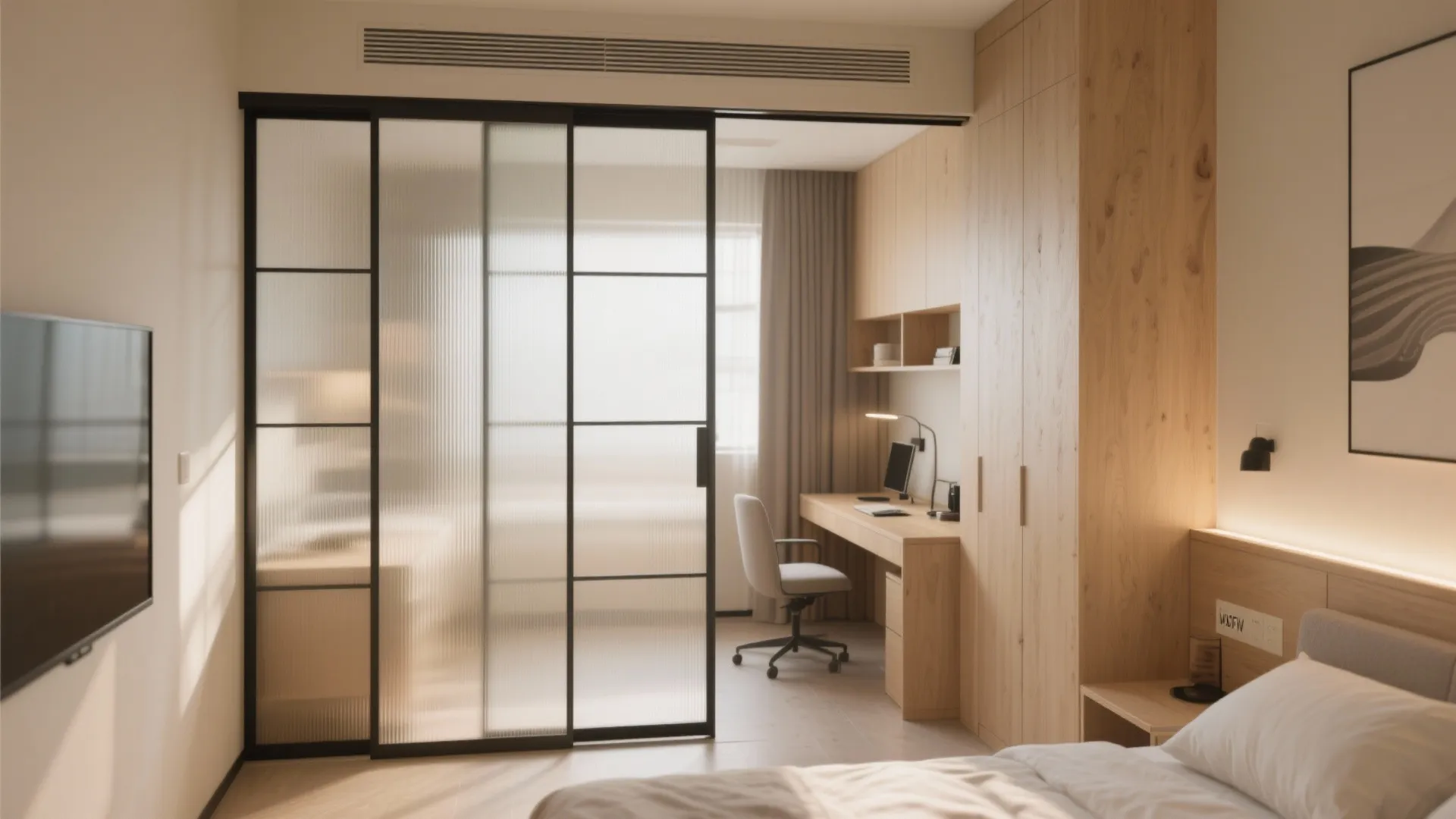 Sliding room divider separating bed and work area