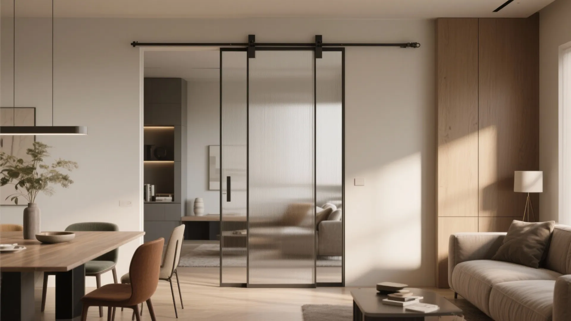 Modern black frame glass sliding door separating a wooden dining table from a cozy sofa
