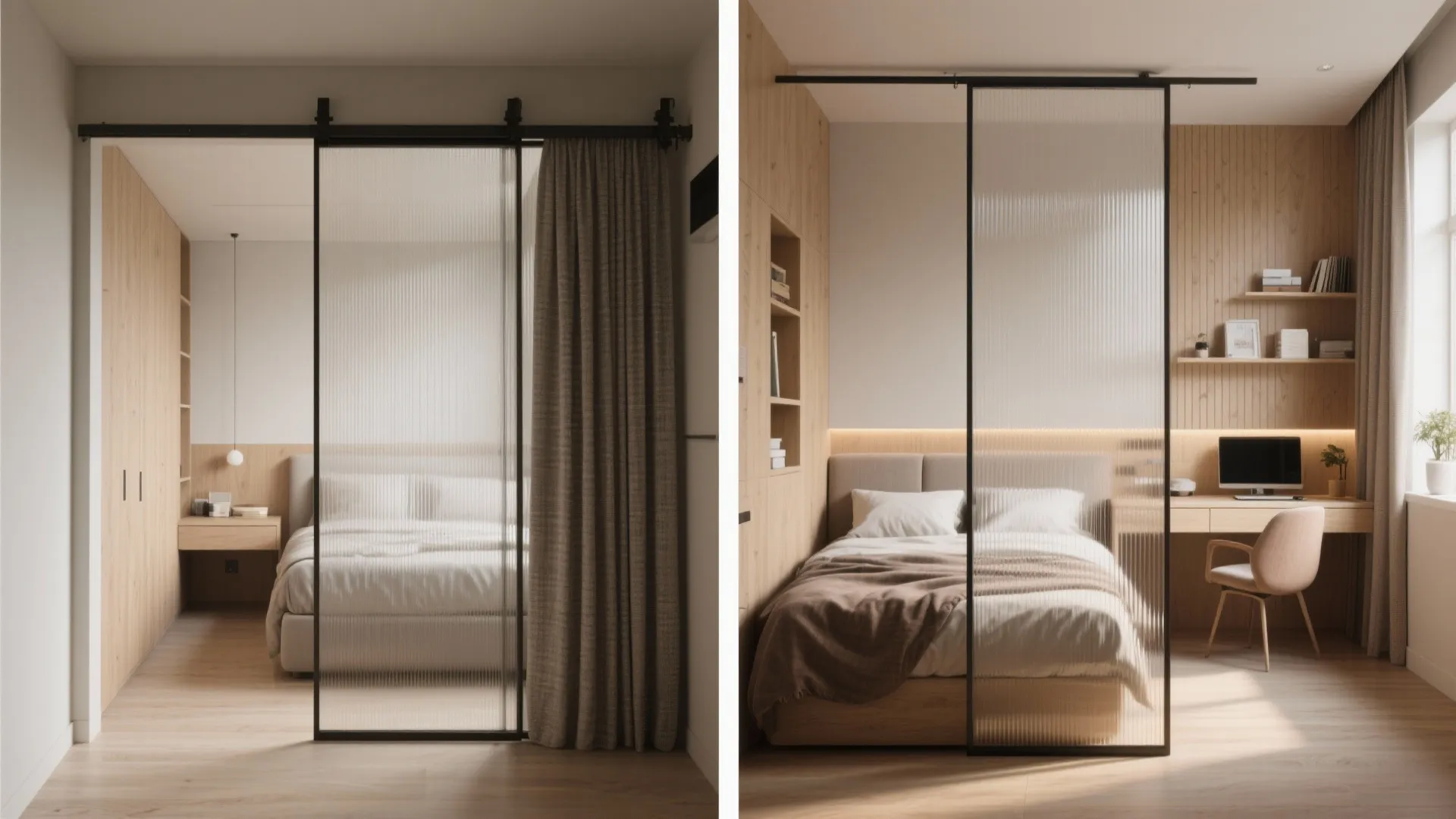 Modern glass sliding door partition separating a bedroom area from a small home office workspace