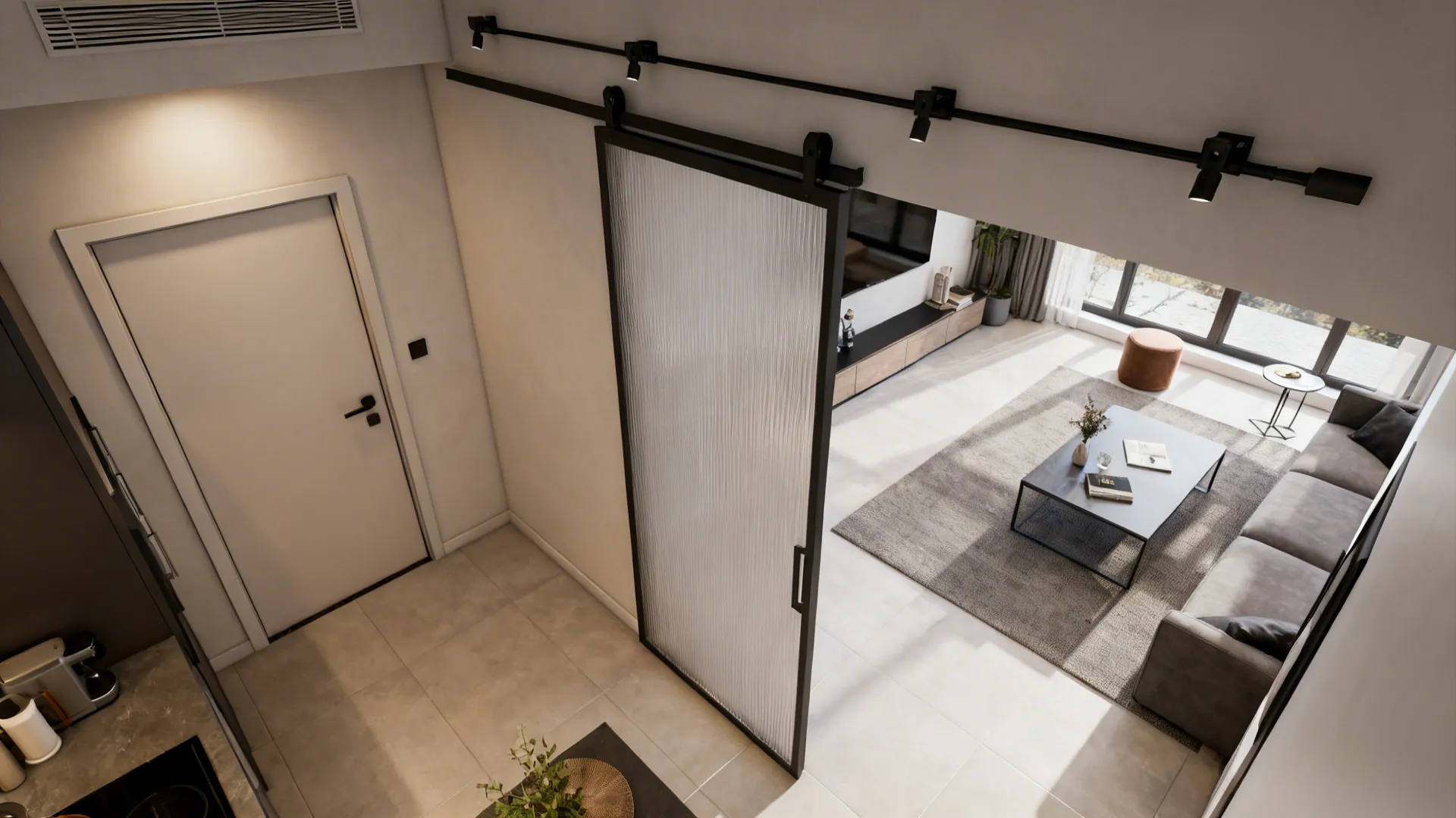 Sliding pocket door between front door and living area offering privacy without losing floor space.