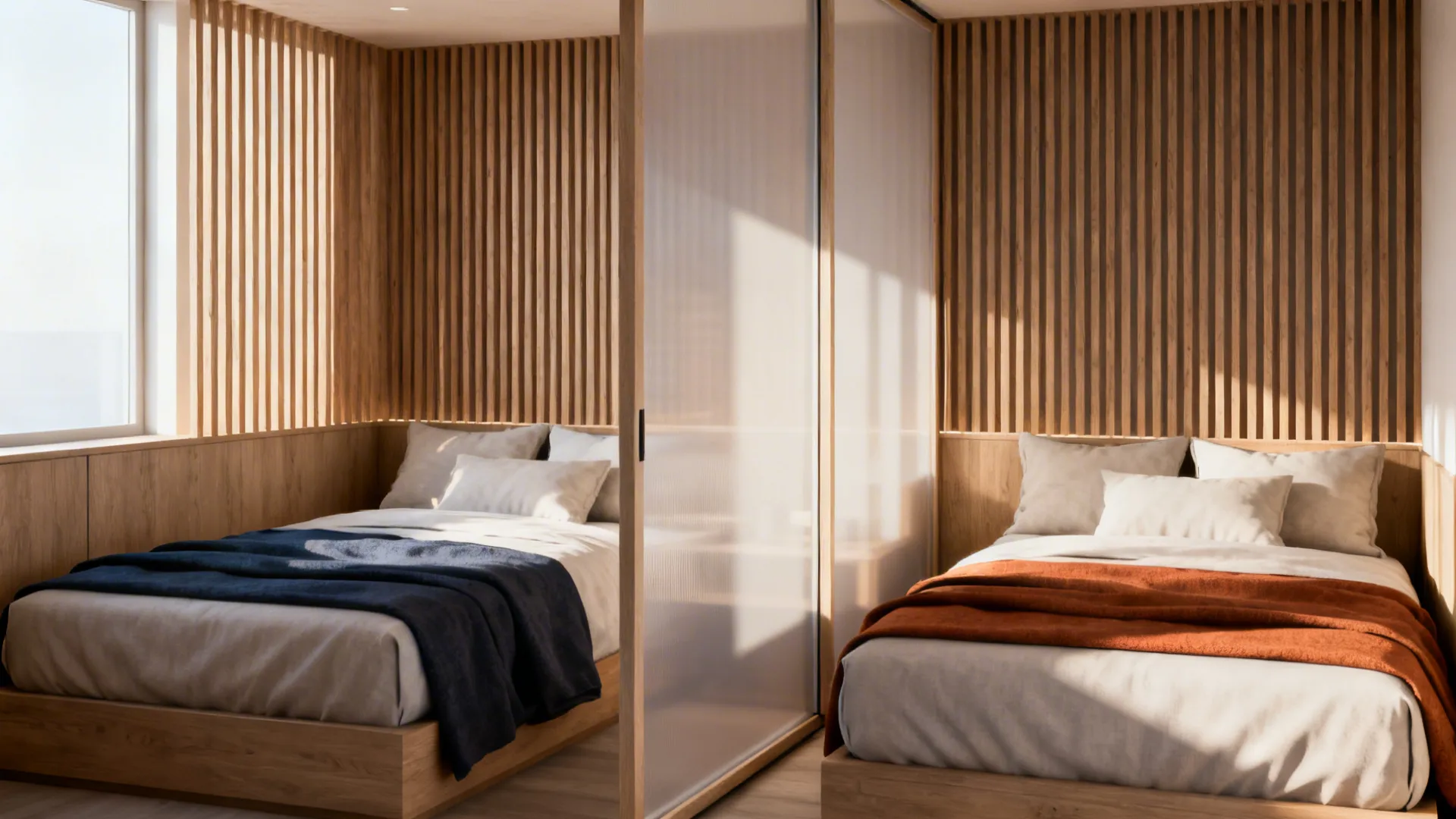 Two beds with a translucent sliding panel divider preserving light and privacy