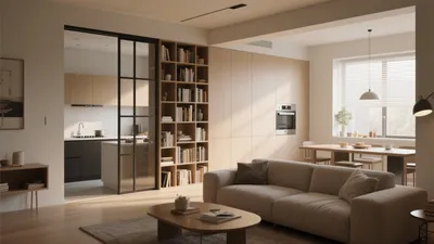 Modern Open-Plan Living Room with Wood Accent & Smart Storage