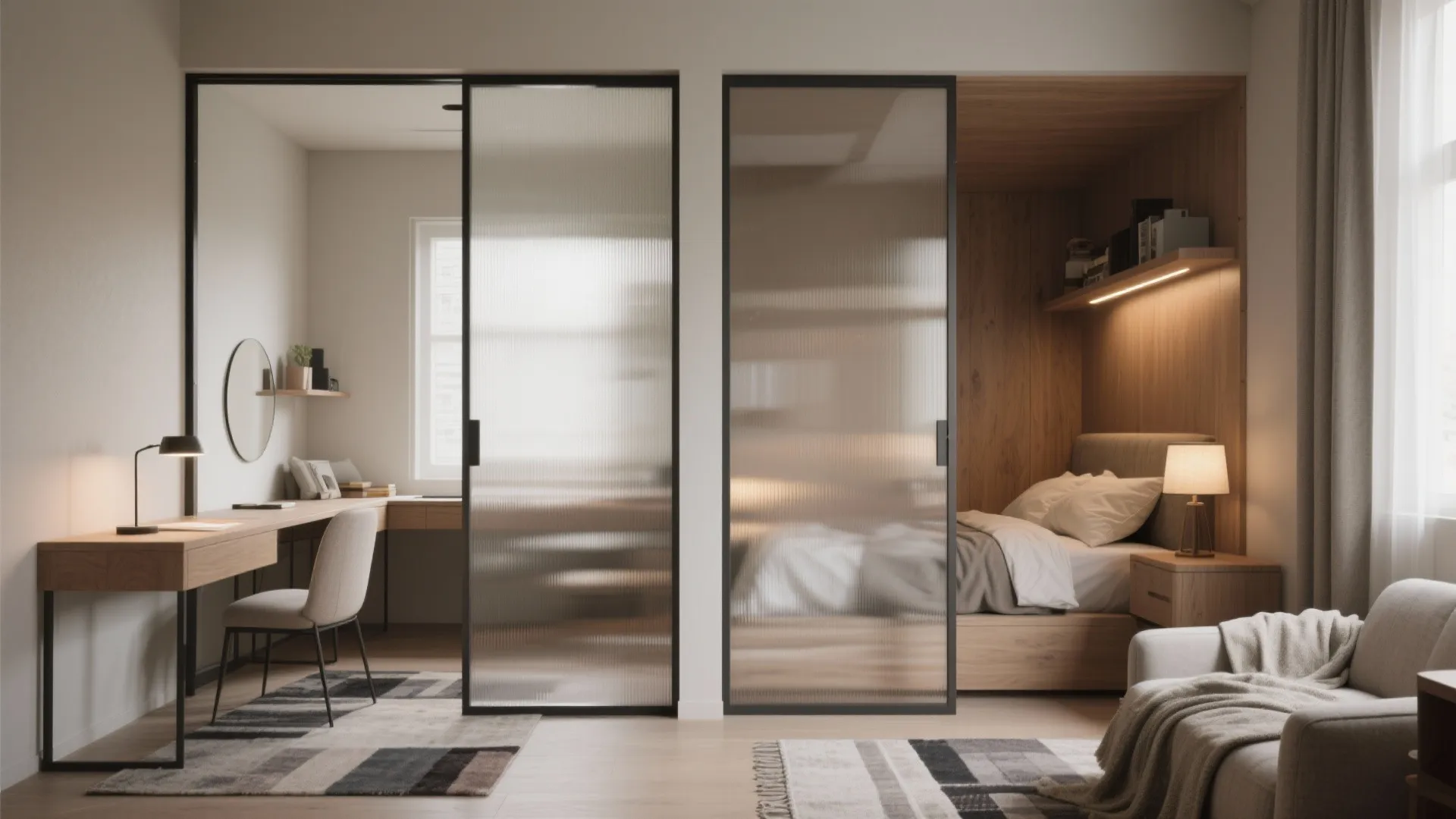 Modern studio apartment layout with glass sliding doors separating a home office and cozy bedroom