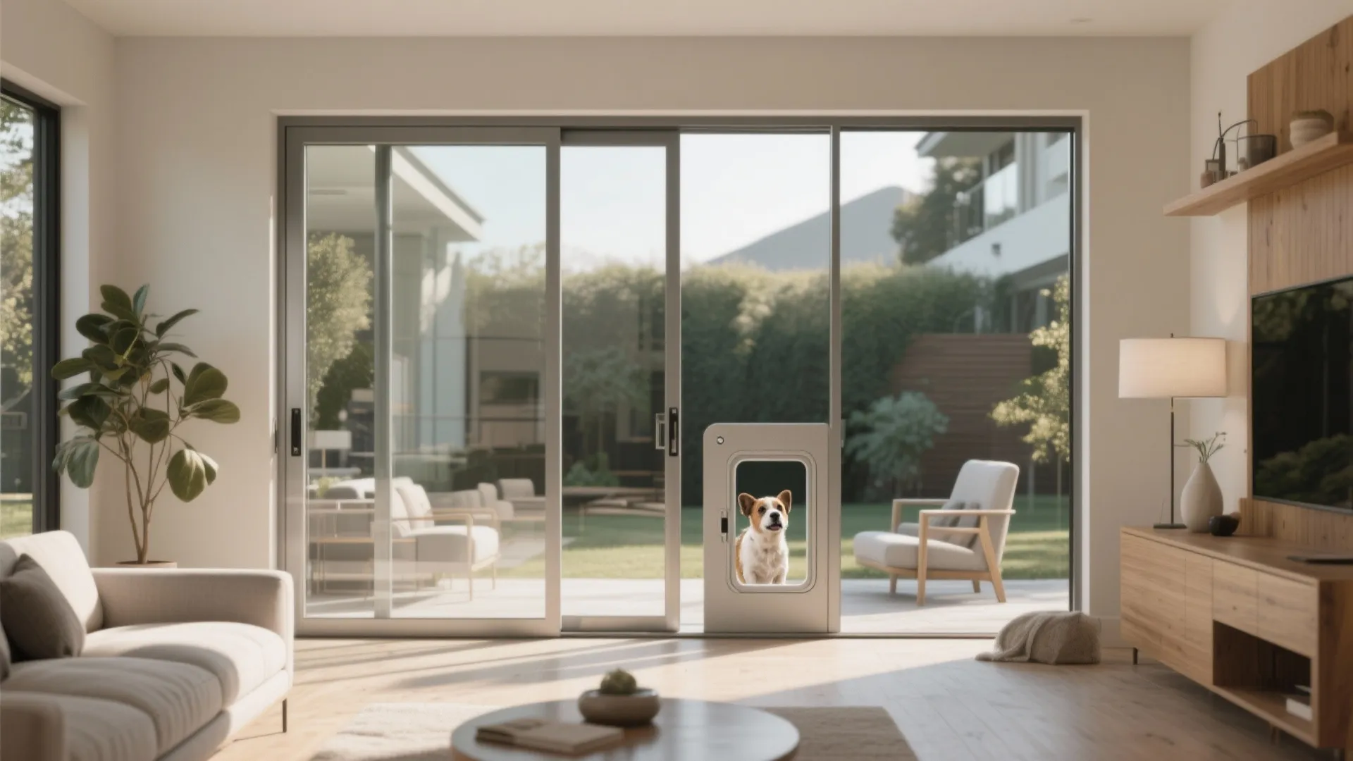 Modern living room featuring large glass sliding door with installed pet door for small dog