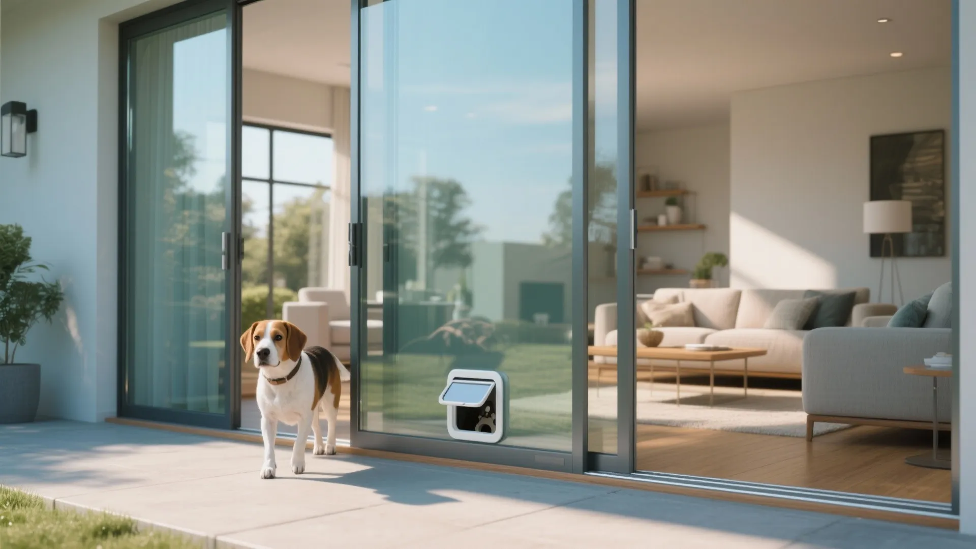Beagle dog standing outside a modern living room with small pet door flap in glass