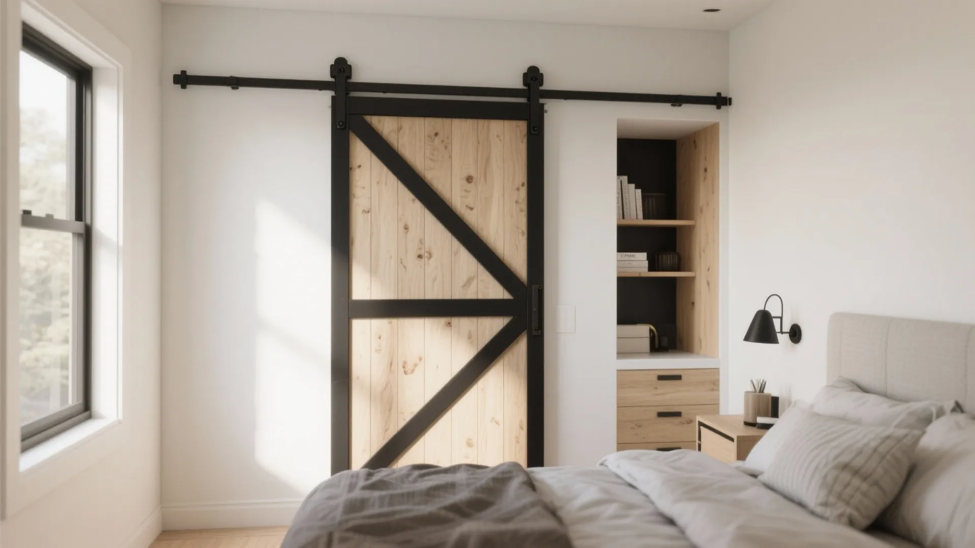 Bedroom with a sliding barn door made of wood and black metal beside a cabinet