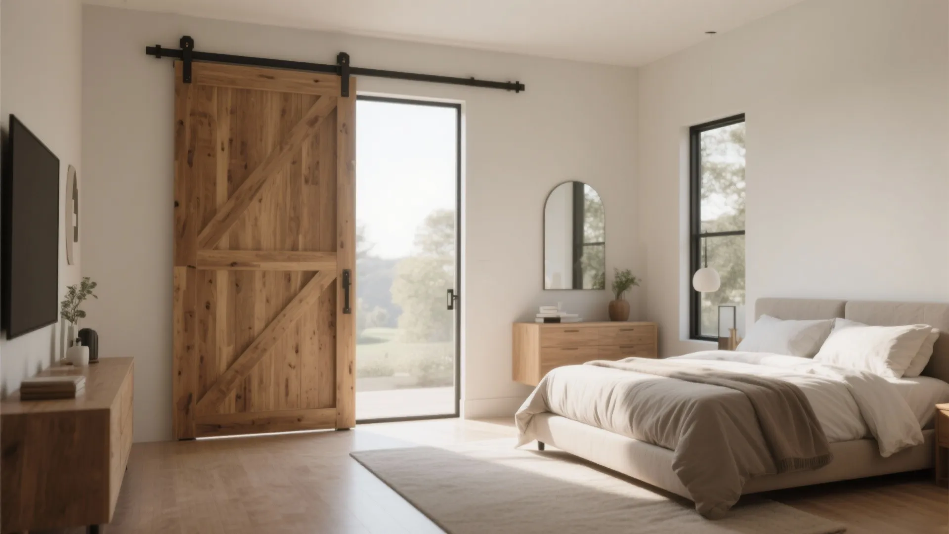 Modern bedroom with wooden sliding door large glass window comfortable bed and light colored wooden floor