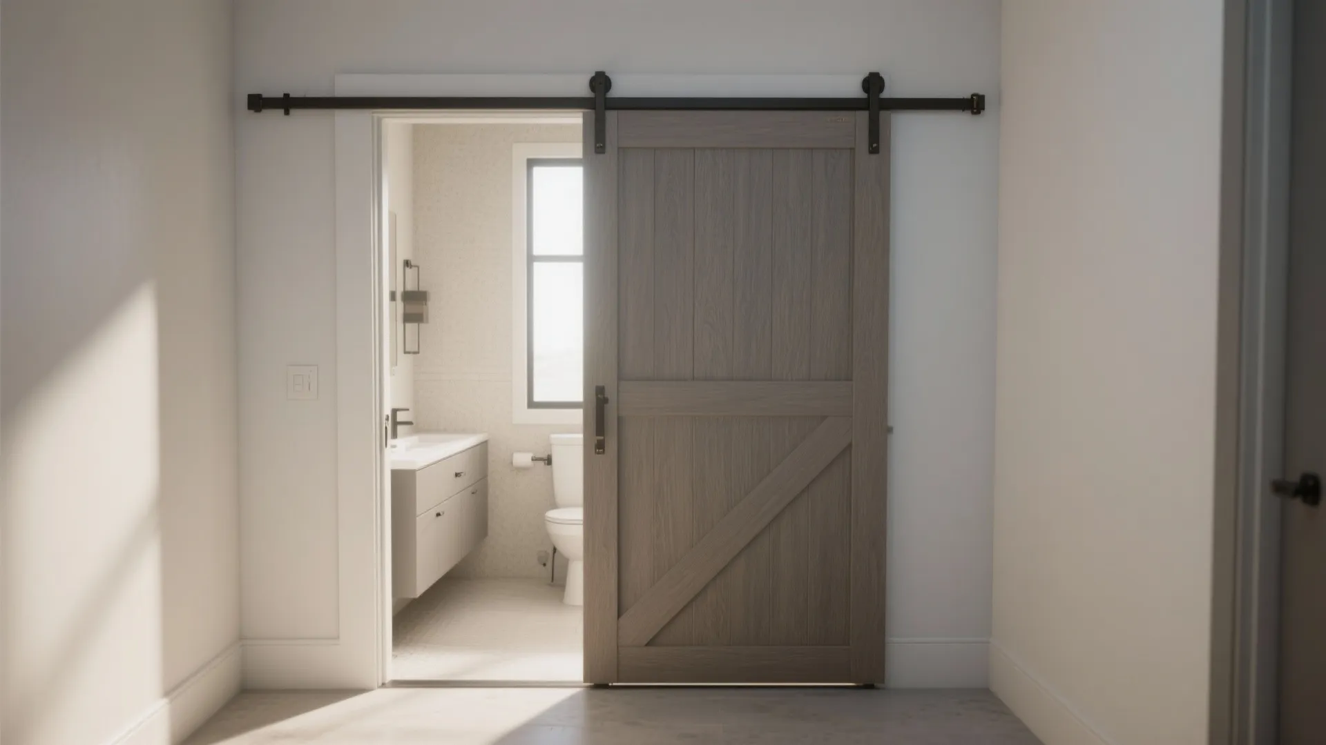 Modern wooden sliding door opening to a small bathroom with white toilet and vanity cabinet