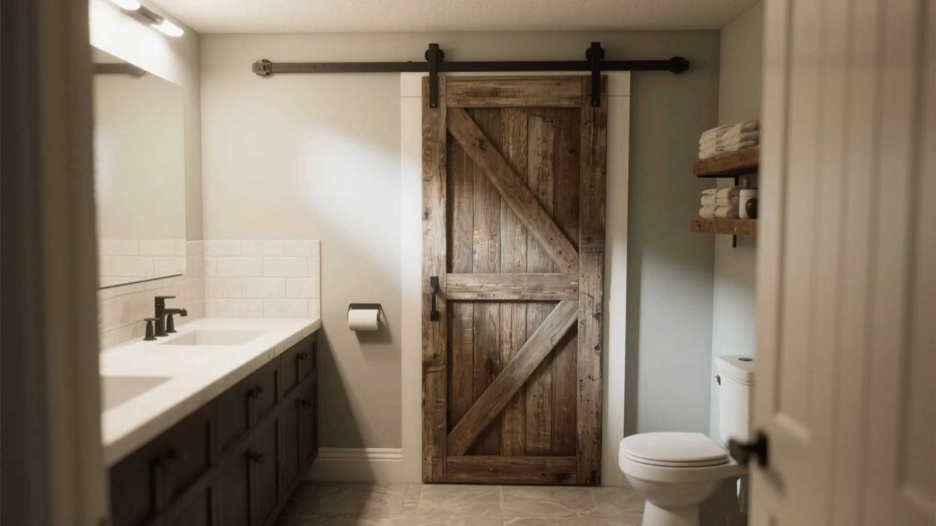 Rustic wooden sliding barn door in a bathroom with dark cabinets white sink and toilet