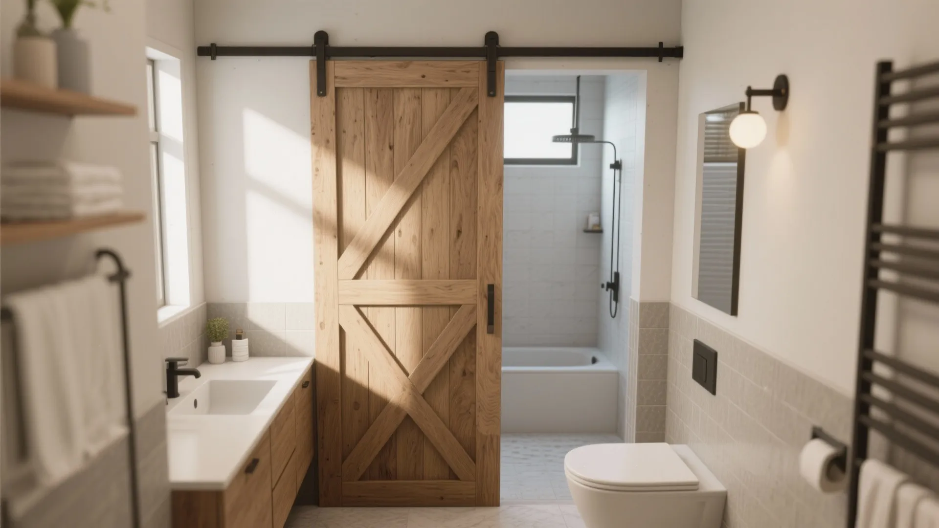 Wooden sliding barn door in a white bathroom with vanity toilet wall light and bathtub area