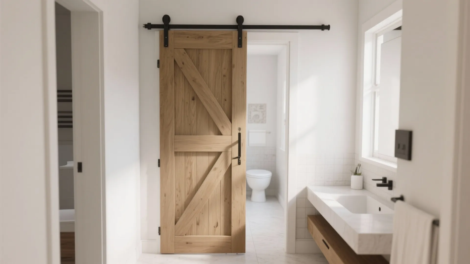 Wooden sliding door opening to a white bathroom with a toilet sink and tiled floor