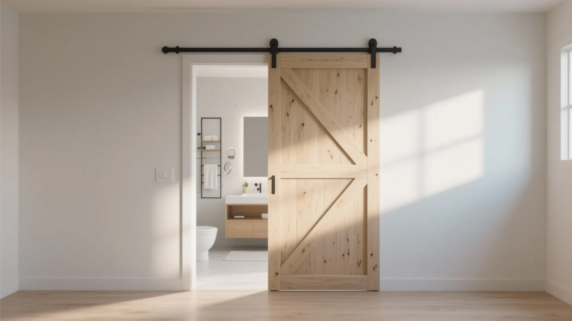 Bathroom with a light wood sliding door entry