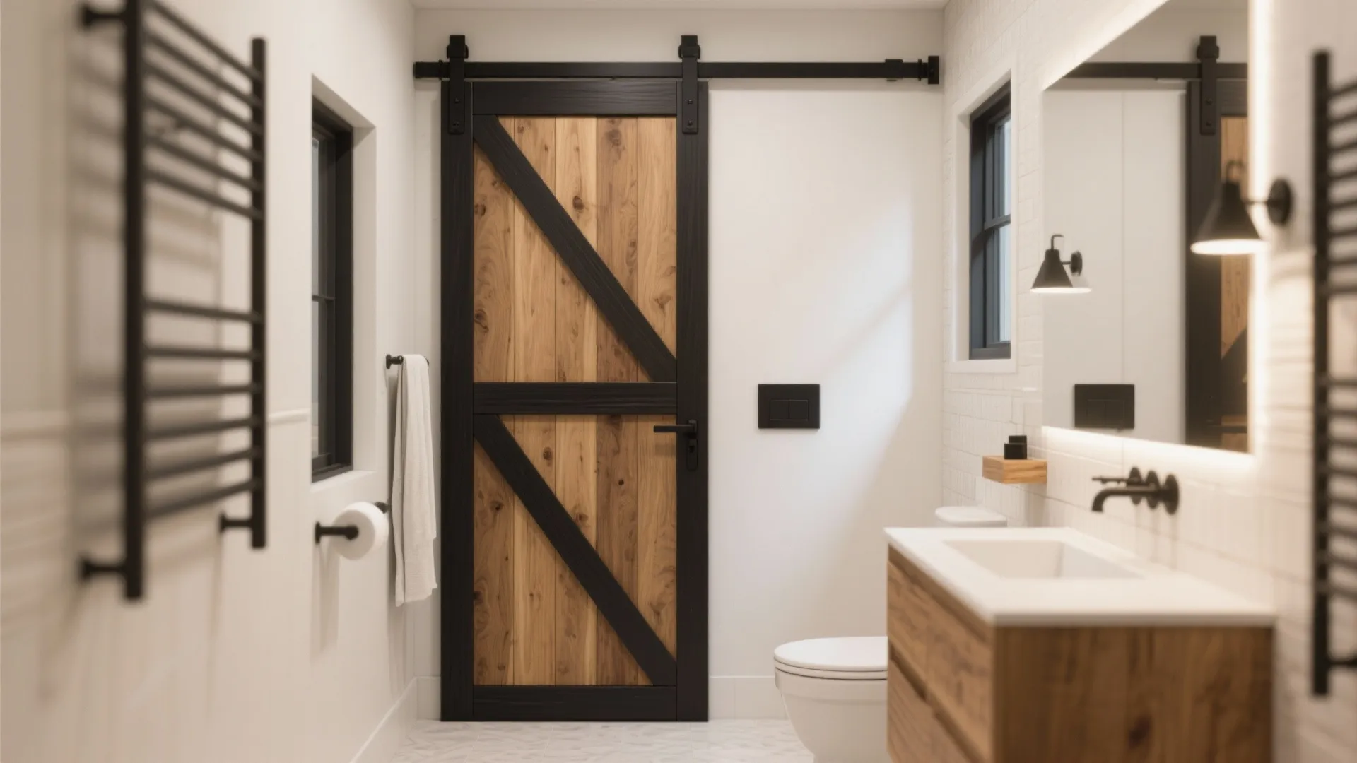 Small bathroom with rustic sliding barn door