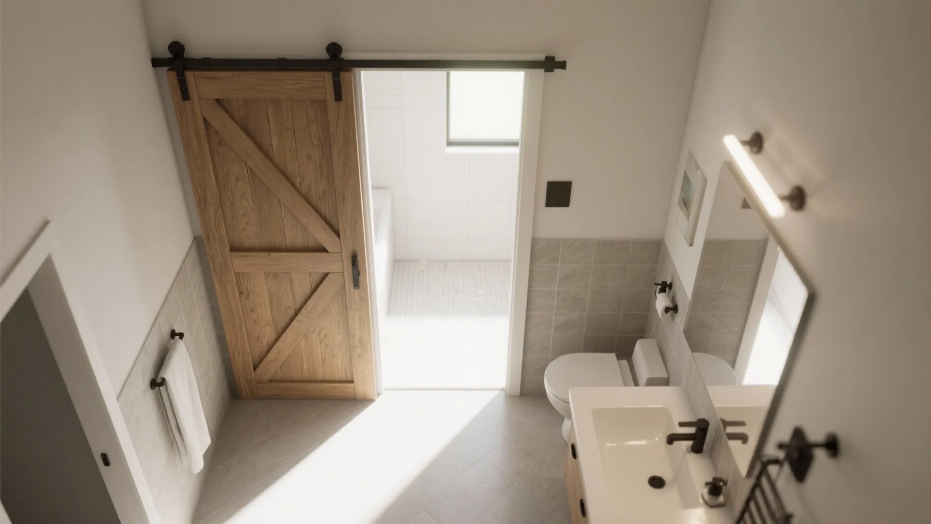 Modern bathroom with a wooden sliding door white sink toilet wall light and grey tiles