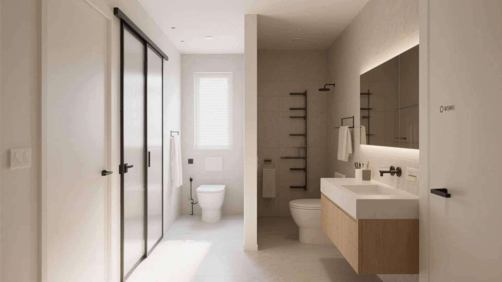 Compact bathroom with pocket sliding door upgrade
