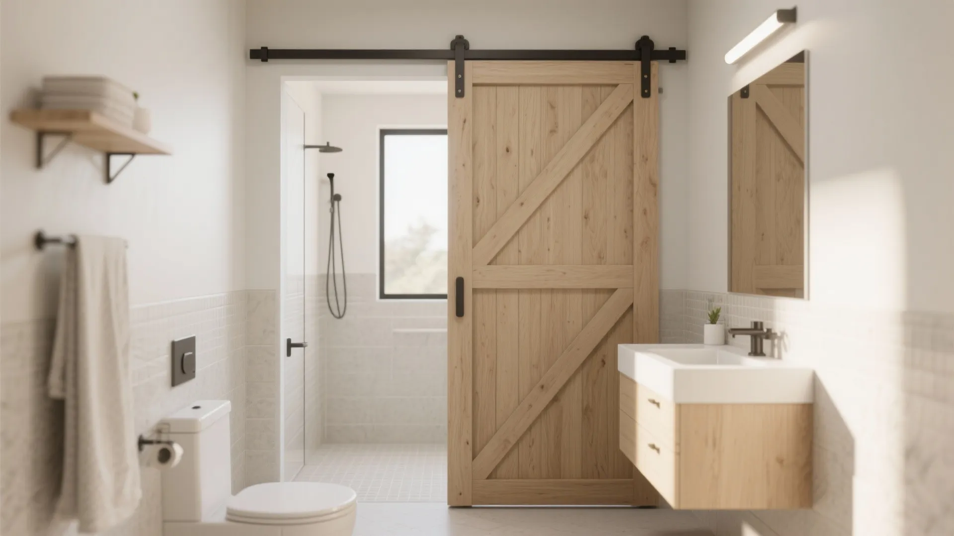 Modern bathroom featuring wooden sliding barn door with toilet and white sink on wooden cabinet