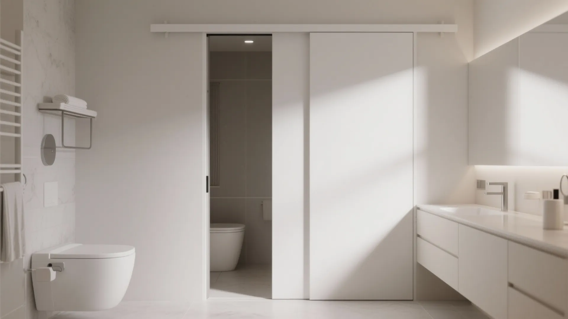 Minimalist white bathroom with sliding door vanity sink wall hung toilet and soft natural light