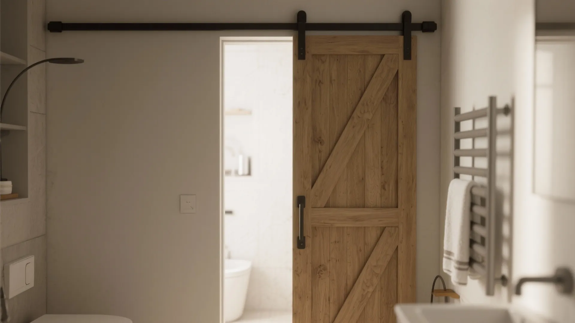 Wooden sliding door with black metal hardware opening into a bright and clean modern bathroom
