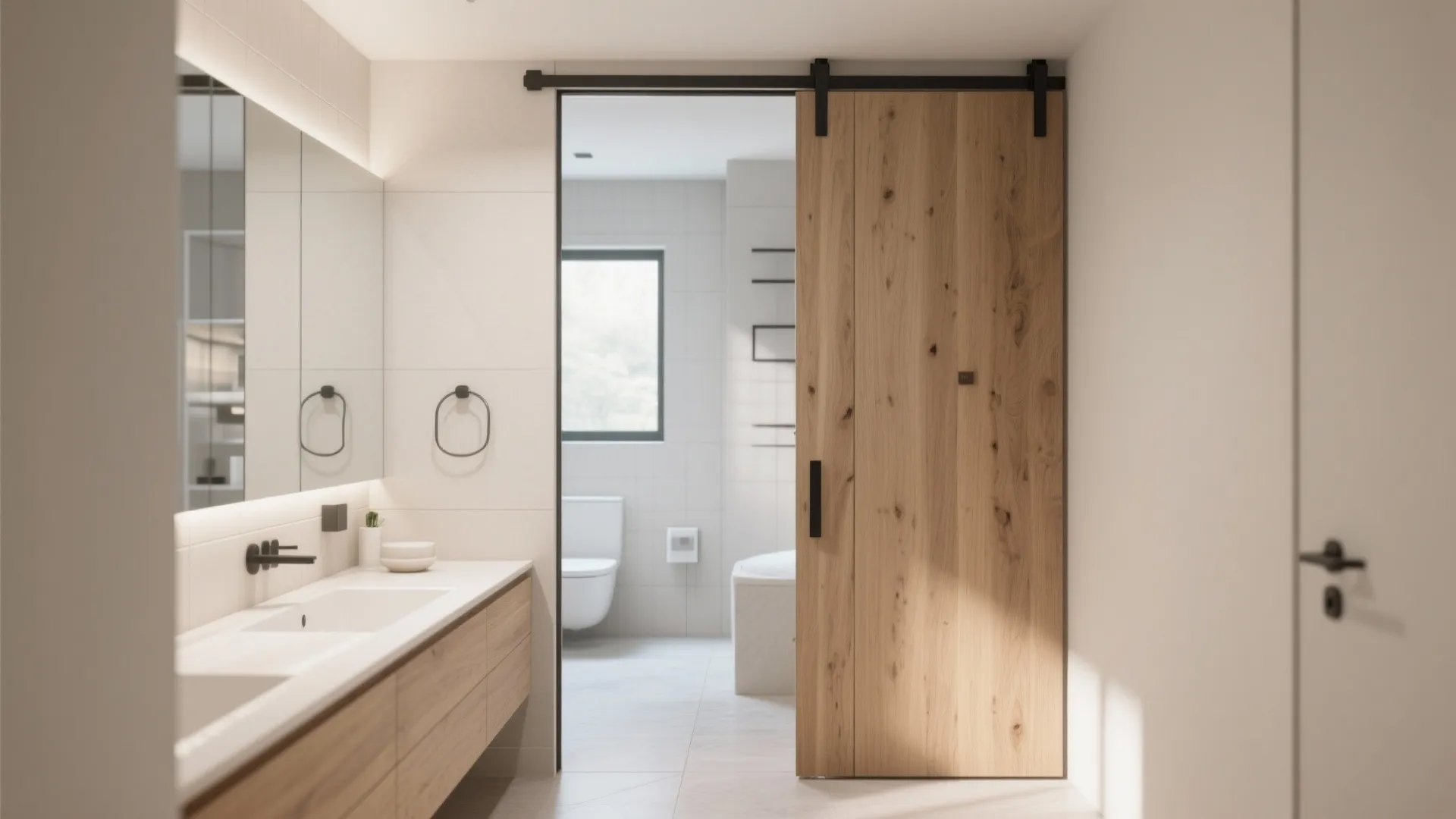 Modern bathroom with wood sliding door wooden cabinet double sinks large mirror and bright window