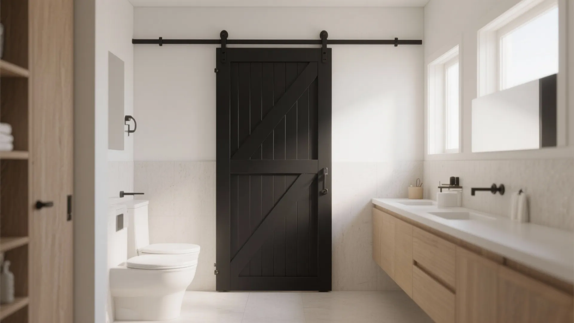 Bathroom entrance with black-frame sliding barn door