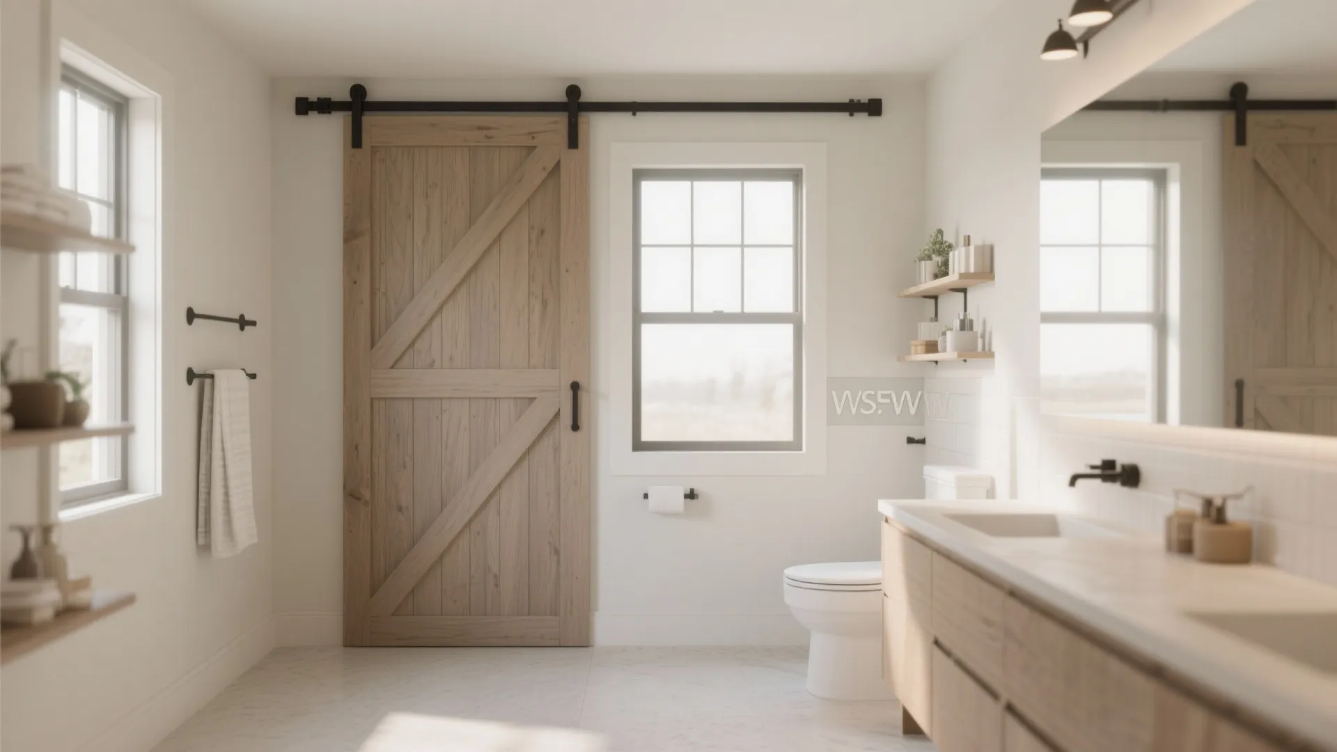 Bright bathroom with wooden sliding door and white toilet and long wooden cabinet and window