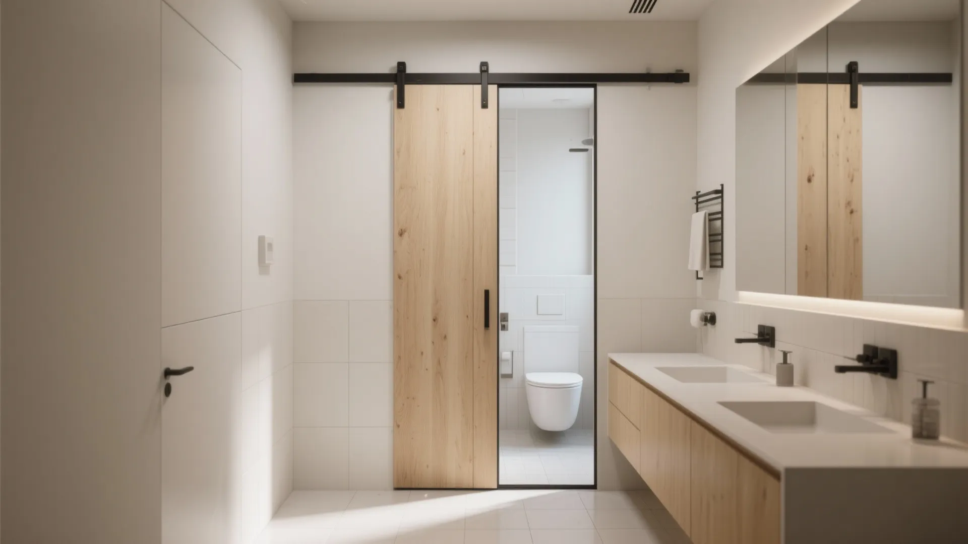 Small bathroom with light wood pocket sliding door