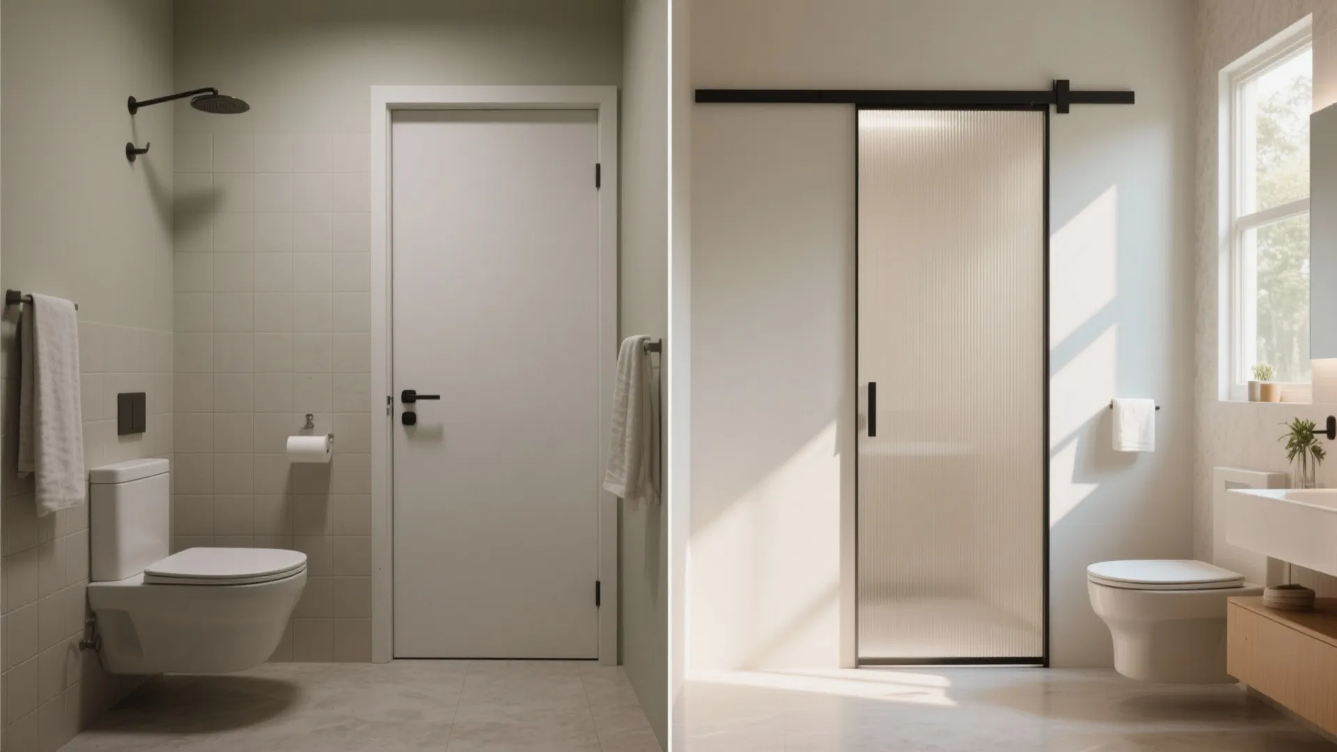 Bathroom before and after with sliding door replacing swing door