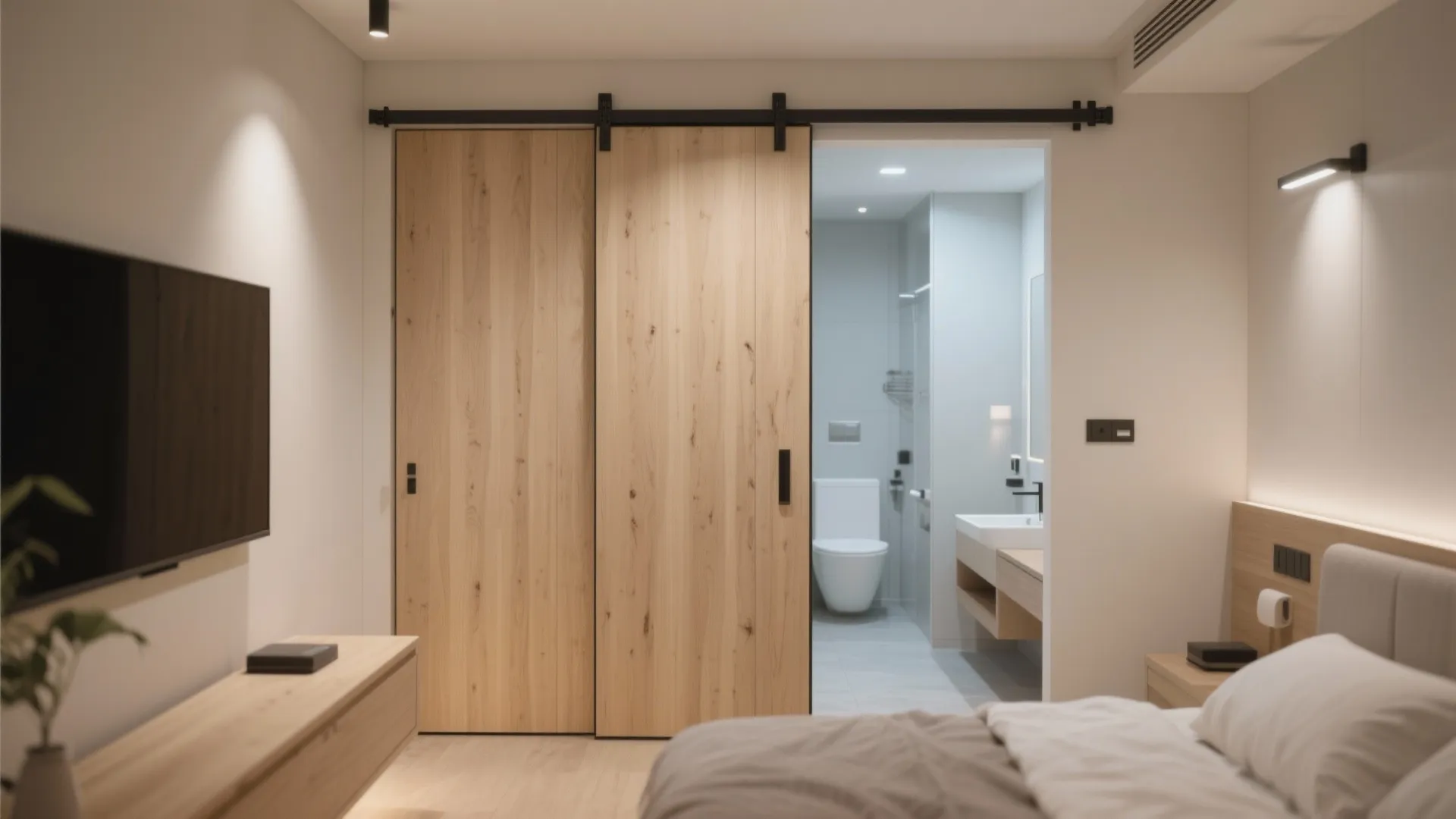 Modern bedroom with wooden sliding barn door opening to a clean bathroom with white toilet